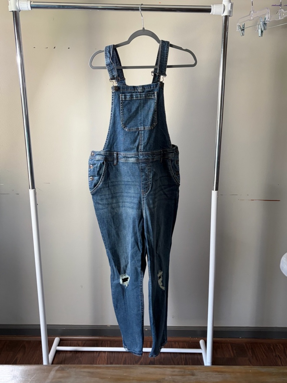 No Boundaries Dark Blue Denim Overalls with Contrast Stitching